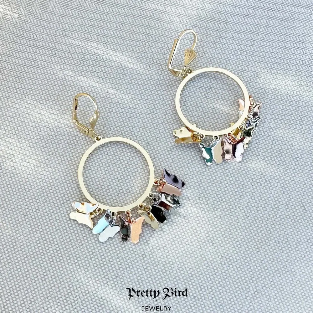 18K Yellow Gold Plated Tri Color Butterfly Hoop Earrings - Picture 1 of 2